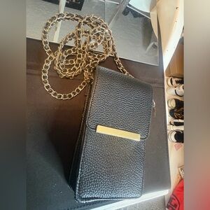 Black Leather Crossbody Bag with Gold Chain